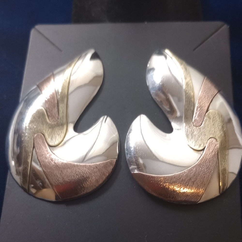Vintage Sterling Silver, Copper & Brass Unique Design Stud Earrings